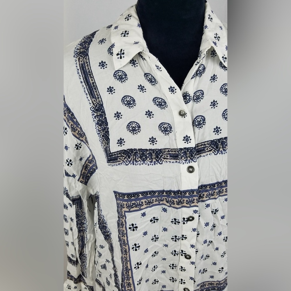 Free People Little Secret Printed Button Front Blouse - White/Navy - Picture 6 of 7